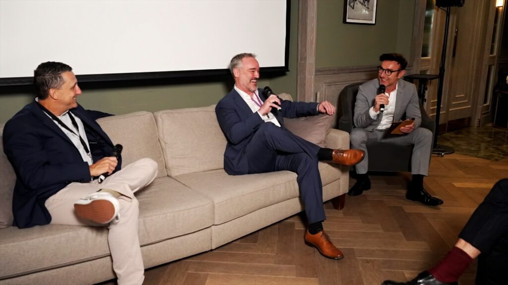Faithful Dog Digital corporate event video production crew interviewing executives at Allvue Systems London event